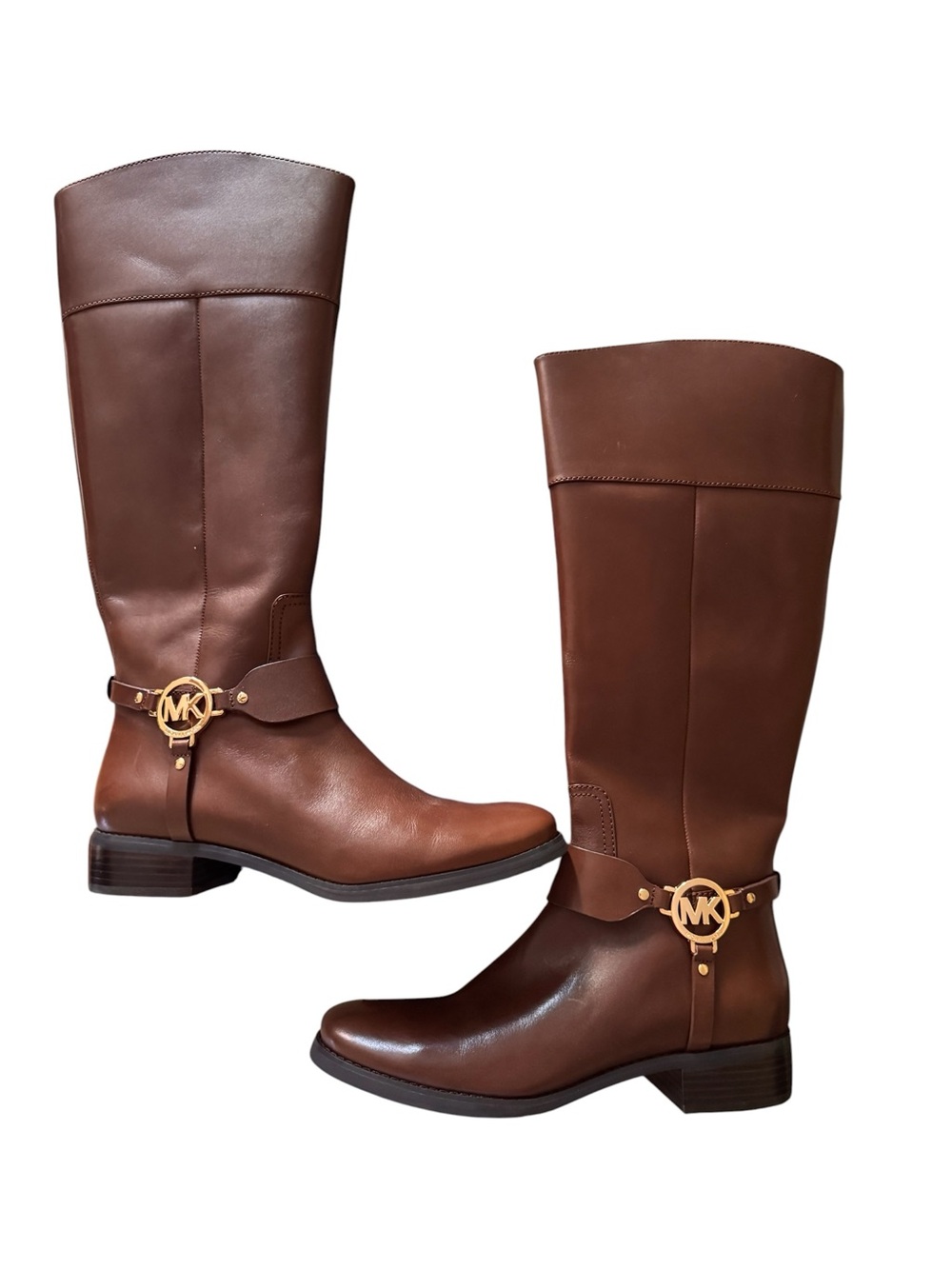 Michael Kors Brown Leather Knee-High Boots with Gold MK Emblem